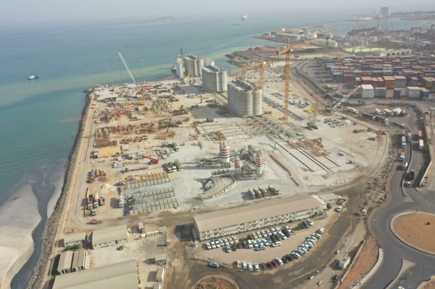 Aerial shot of three caissons at the port of Dakar