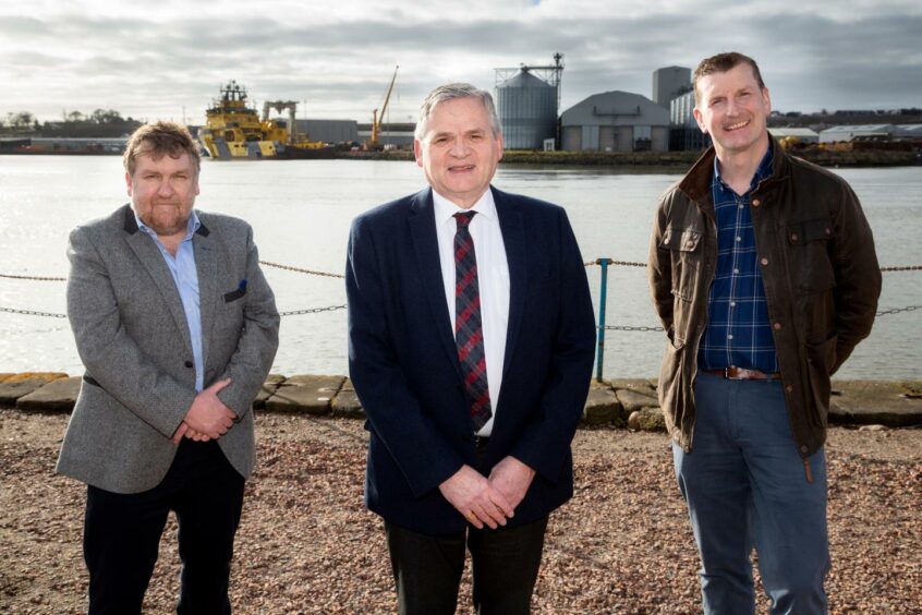 (L-R) Tom Hutchison, Bill Main and Dave Doogan MP met to discuss Balmoral?s new quayside facility at Montrose Port.