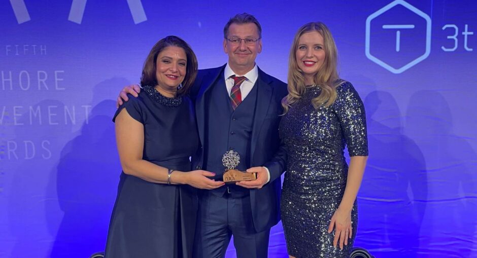 (L-R) Nassima Brown, Adrian Brown and Rachel Riley at the Offshore Achievement Awards.