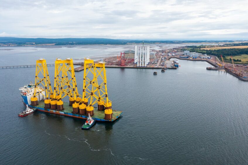 Turbine jackets for the Seagreen offshore wind farm arriving in the Highlands. Port of Nigg.