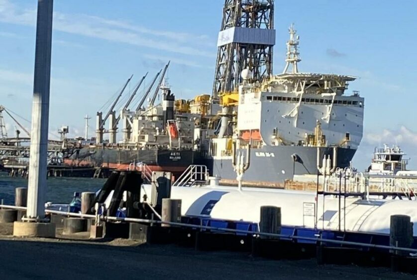 A drillship sits up against a bulk carrier vessel March 12, 2022, in Pascagoula, Mississippi. Photo by Petty Officer 3rd Class James Hague / US Coast Guard District 8. Pascagoula. Supplied by US Coast Guard