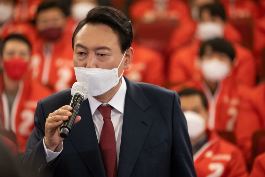 Yoon Suk-yeol, presidential candidate from the People's Party, speaks at his campaign office in the National Assembly in Seoul, South Korea, on Wednesday, March 9, 2022. Former top prosecutor Yoon won election as South Korea's president, returning the conservative opposition to power after five years and signalling a hawkish turn in the country's relations with China and North Korea. Photographer: SeongJoon Cho/Bloomberg. NA. Supplied by Bloomberg