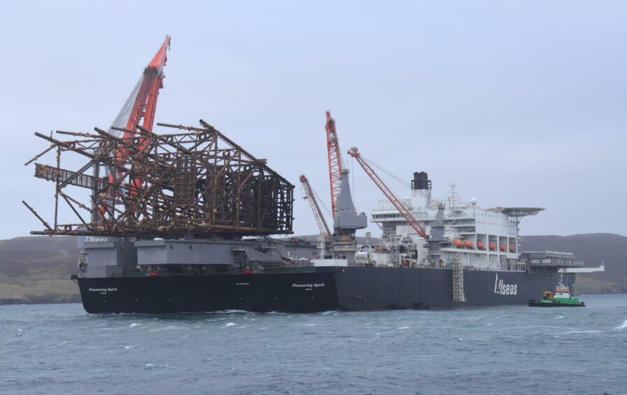 The Ninian Northern jacket arrives on Shetland for decommissioning.