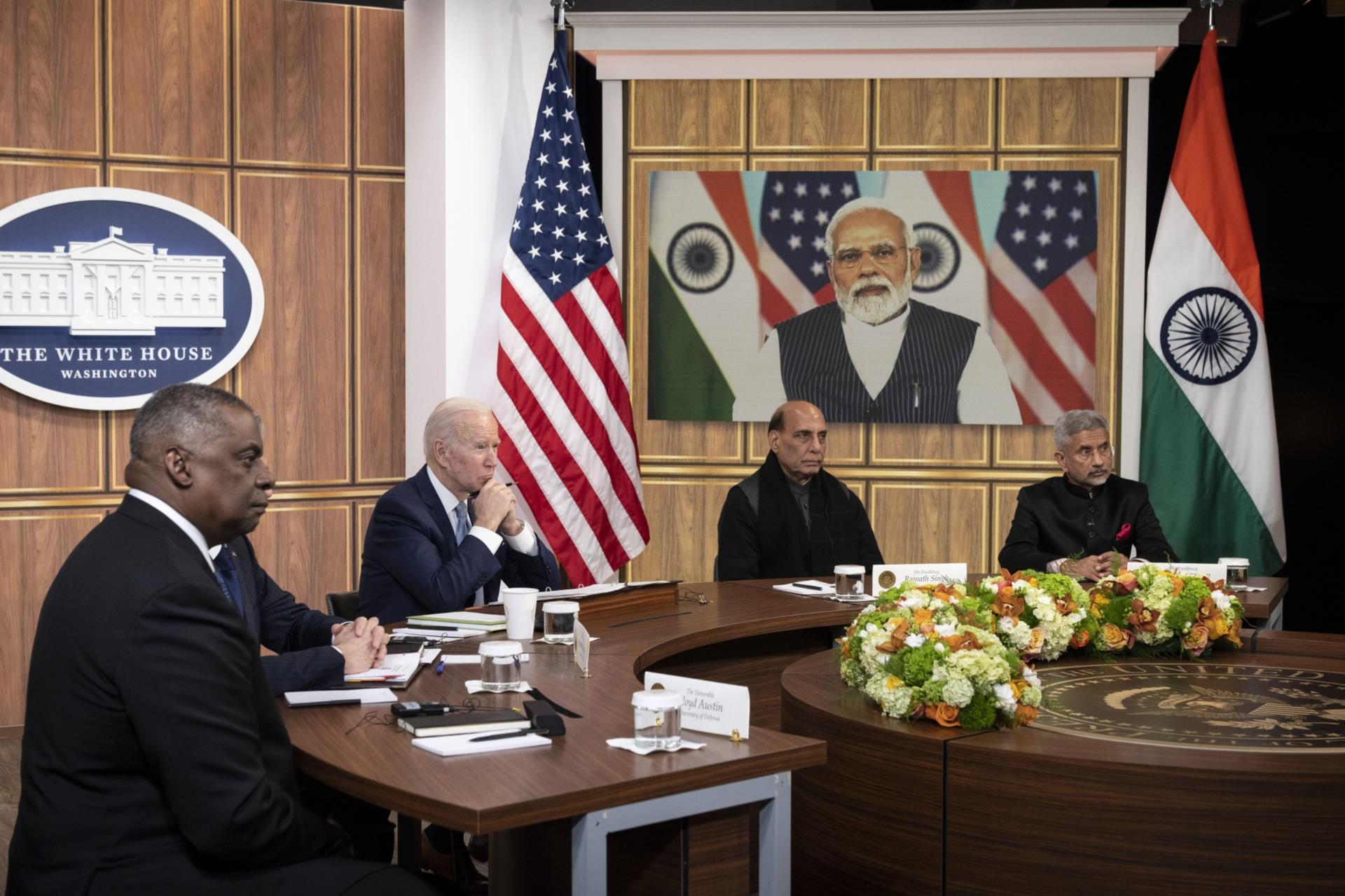 US President Joe Biden and Indian Prime Minister Narendra Modi hold a virtual meeting. Biden has been urging India to break ties with Moscow. Bloomberg.