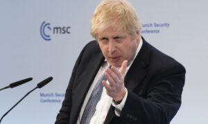 Prime Minister Boris Johnson speaks during the Munich Security Conference in Germany Saturday February 19, 2022.