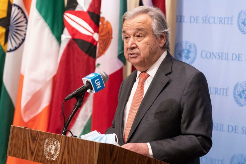 UN Secretary-General Antonio Guterres briefs reporters at stakeout after Security Council meeting and vote on Russian invasion into Ukraine at UN Headquarters. New York, United States - 25 Feb 2022