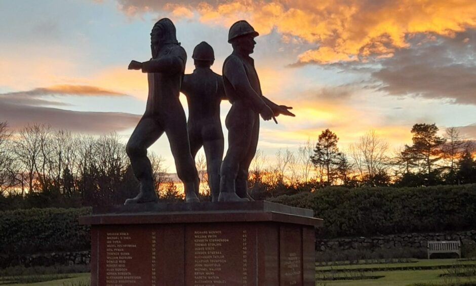 Piper Alpha Memorial Garden at sunset in Hazlehead Park, Aberdeen.