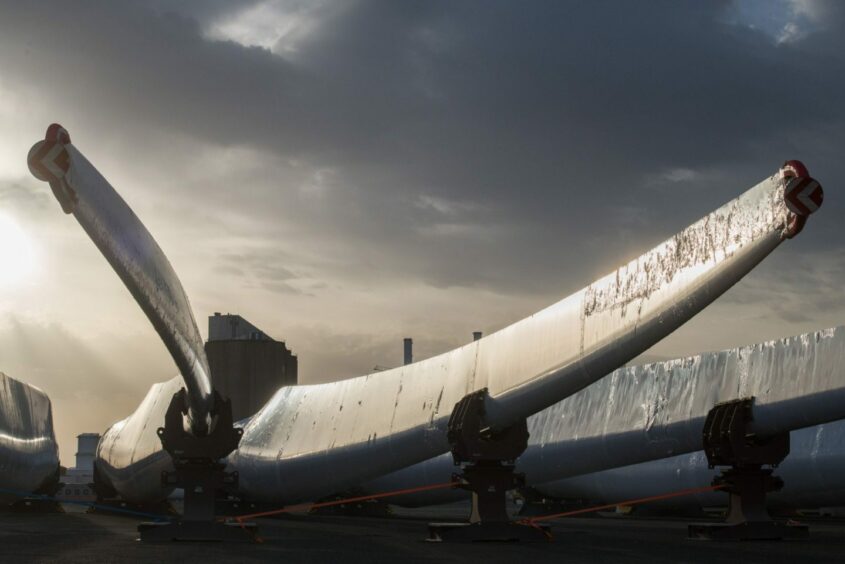 Wind turbine blades at the Siemens Gamesa Renewable Energy SA plant at the Port of Le Havre in Le Havre, France, on Monday, April 11, 2022.