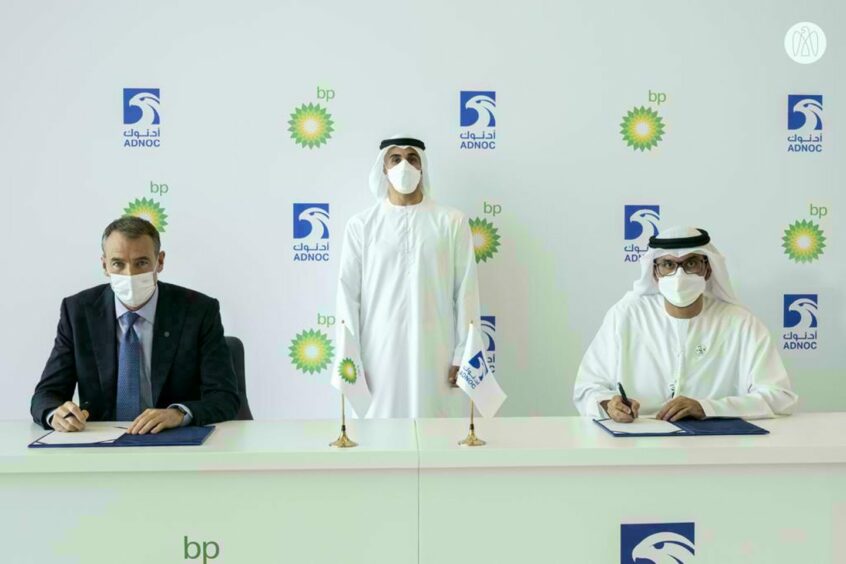 BP CEO Bernard Looney (far left) with ADNOC managing director Sultan Ahmed Al Jaber (right)