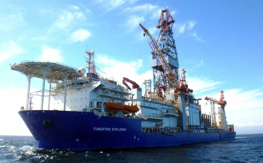 Blue hulled Tungsten Explorer Drillship on a sunny day