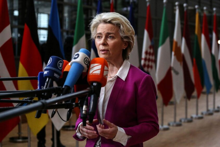 Ursula von der Leyen, president of the European Commission, speaks to the press on the first day of a special European Union (EU) leaders summit at the European Council headquarters in Brussels, Belgium, on Monday, May 30, 2022. European Union leaders intend to give their political backing to a ban on Russian oil, paving the way for a possible agreement next month on a sixth package of sanctions targeting Moscow for its invasion of Ukraine.