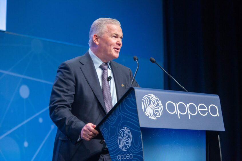 Kevin Gallagher, CEO of Santos, speaks to delegates at the APPEA conference 2022 in Brisbane, Australia.