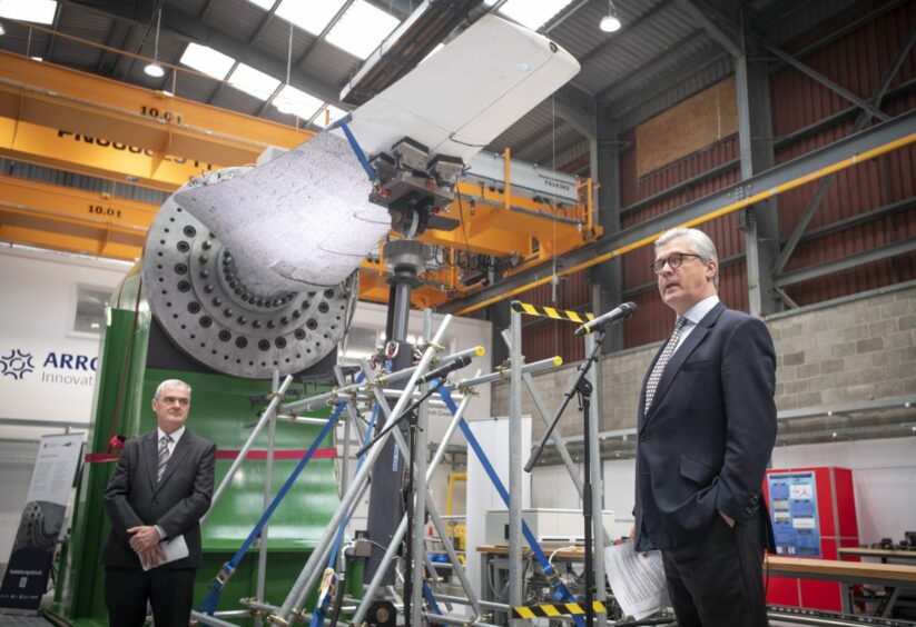 Professor Professor Conchúr Ó Brádaigh Head of School of Engineering at the University of Edinburgh (left), and UK Government Minister for Scotland Malcolm Offord (right) during the FastBlade opening event.