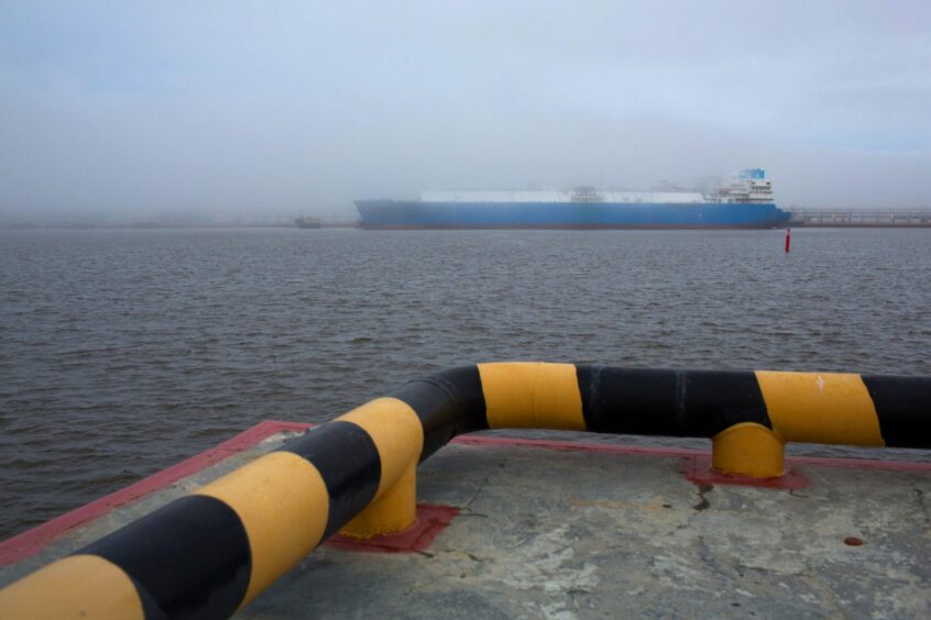 An ice-class tanker used for shipping liquefied natural gas sits in Sabetta sea port near the Yamal LNG plant, operated by Novatek PJSC, in Sabetta, Russia, on Wednesday, Aug. 8, 2018. Novatek is one of the largest independent natural gas producers in Russia. Photographer: Andrey Rudakov/Bloomberg