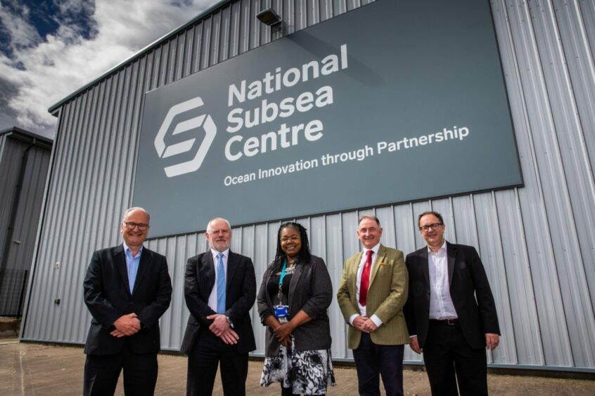 (From left to right) Willie Reid, Director, Strathclyde Offshore Energy Transition Programme; Professor Steve Olivier, Principal, Robert Gordon University; Myrtle Dawes, Solution Centre Director, Net Zero Technology Centre; Professor Sir Jim McDonald, Principal, University of Strathclyde; Professor John McCall, Director, National Subsea Centre. Aberdeen.