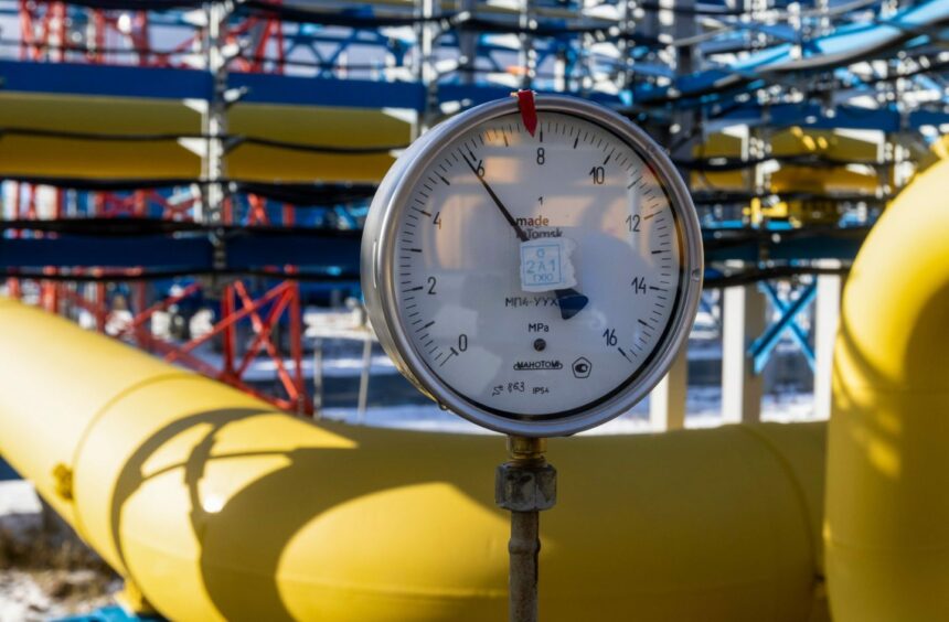 A pressure gauge on pipework at the Comprehensive Gas Treatment Unit No.3 at the Gazprom PJSC Chayandinskoye oil, gas and condensate field, a resource base for the Power of Siberia gas pipeline, in the Lensk district of the Sakha Republic, Russia, on Monday, Oct. 11, 2021. Photographer: Andrey Rudakov/Bloomberg