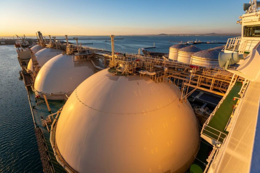 Tanks onboard the Karmol LNGT Powership Asia floating storage and regasification unit (FSRU), operated by Karpowership, viewed from the ship's bridge whilst docked at Cape Town port in Cape Town, South Africa, on Tuesday, April 19, 2022.