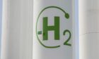 The chemical symbol for hydrogen on a storage tank during the final stages of construction at Iberdola SA's Puertollano green hydrogen plant in Puertollano, Spain, on Thursday, May 19, 2022.