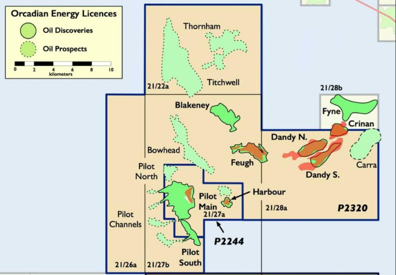 Map of Orcadian Energy Licenses for oil discoveries and oil prospects.