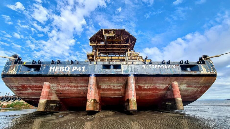 To go with story by Andrew Dykes. Decommissioned North Sea platform arrives for UK arts festival Picture shows; The Hebo-41 barge which transported the platform from the Netherlands. . Weston-Super-Mare. Supplied by See Monster Date; 13/07/2022