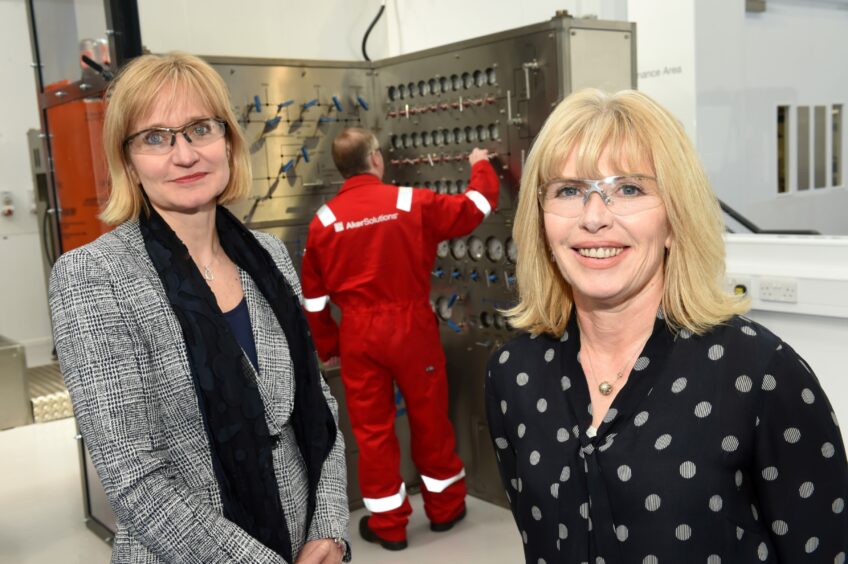 Aker Solutions New Subsea Service Base Opening at Howe Moss Terrace, Dyce.Picture of (L-R) Deirdre Michie, Oil & Gas UK, and Sian Lloyd Rees, Aker Solutions. 2018