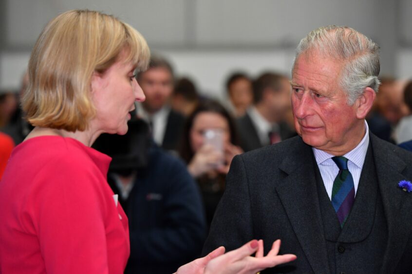 HRH Prince Charles, The Duke of Rothesay, visited Balmoral Offshore Engineering, Aberdeen to officially open the new Balmoral Subsea Test Centre in 2018. Pictured speaking with Ms Michie.