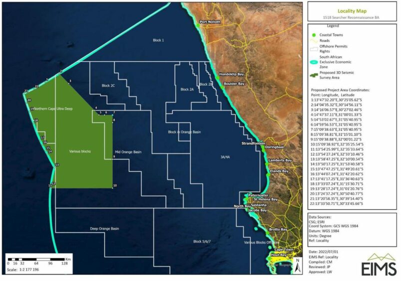 Map showing green area off west South Africa