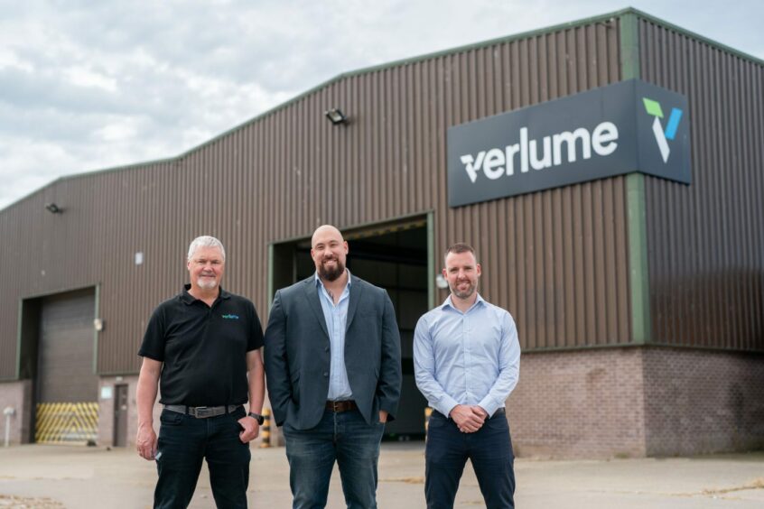 Verlume's new Dyce operations base. (L-R) Angus MacDonald (Operations Manager), Jonny Moroney (Operations Director), Paul Slorach (Business Development Director).