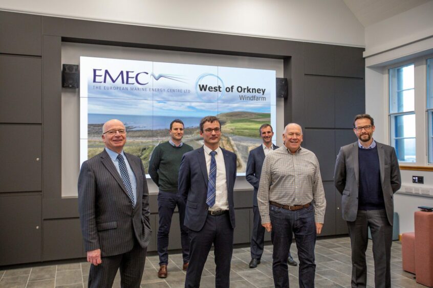 Left to right: Neil Kermode, Managing Director, EMEC; Jack Farnham, Development Director, RIDG; Philippe de Cacqueray, Head of Offshore Wind UK, TotalEnergies; Liam McArthur, Orkney Islands MSP; Andrew Mill, Chair, EMEC; Mark Giulianotti, Head of Corporate Finance and Origination, Europe, Corio Generation pictured at EMEC in December 2021.