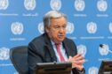 Secretary-General Antonio Guterres conducts a press briefing on the launch of the 3rd brief by the GCRG on Food, Energy and Finance at UN Headquarters. New York, United States - 03 Aug 2022