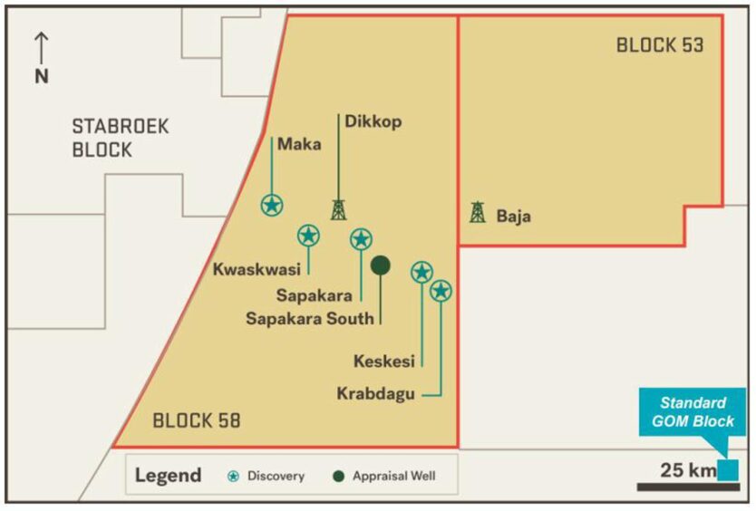 Map showing two blocks, with wells, offshore Suriname