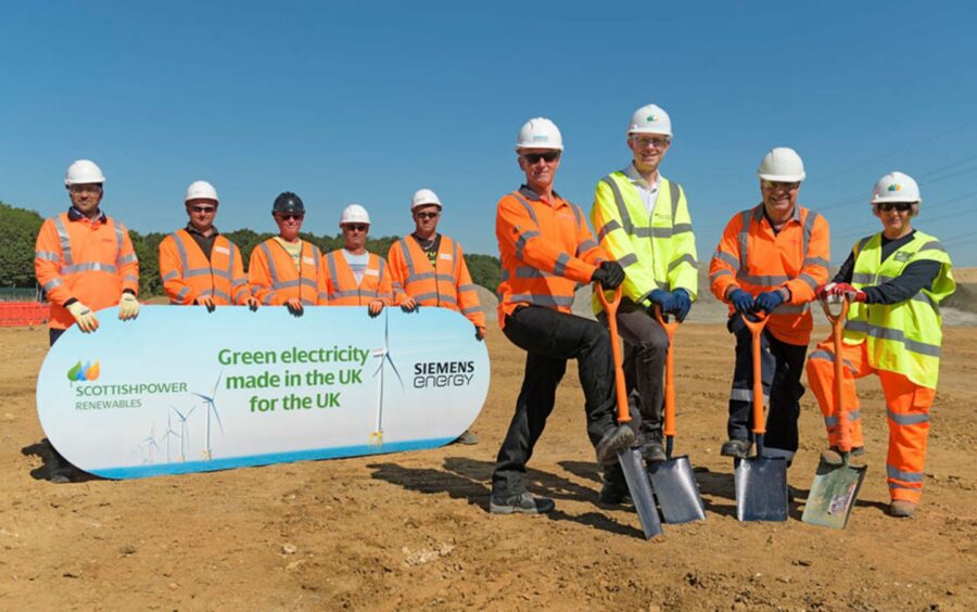 Teams from ScottishPower Renewables, Siemens Energy and NKT break ground near Bramford, Suffolk.