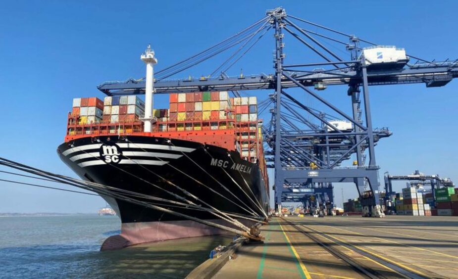 Container ship at the Port of Felixstowe. Suffolk.