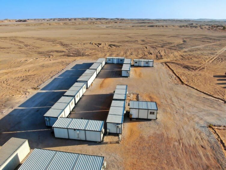 Aerial view of trailer camp in desert