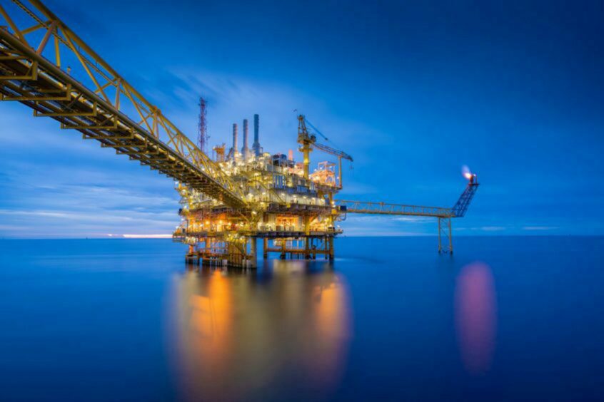 Offshore oil and gas central processing platform in sun set which produce raw gas, crude and hydrocarbon then sent to onshore refine, petrochemical industry. Power and energy business.; Shutterstock ID 1145019740; 8afced0e-bbfe-4025-8649-4e07fb2c052c