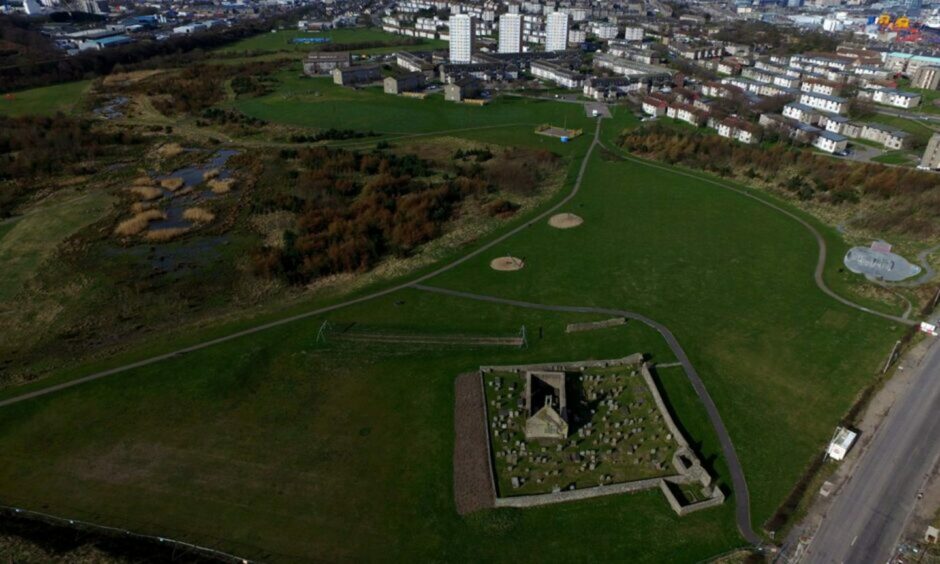 A drone image of St Fittick's Park, showing the nearby houses in Torry. . Aberdeen.