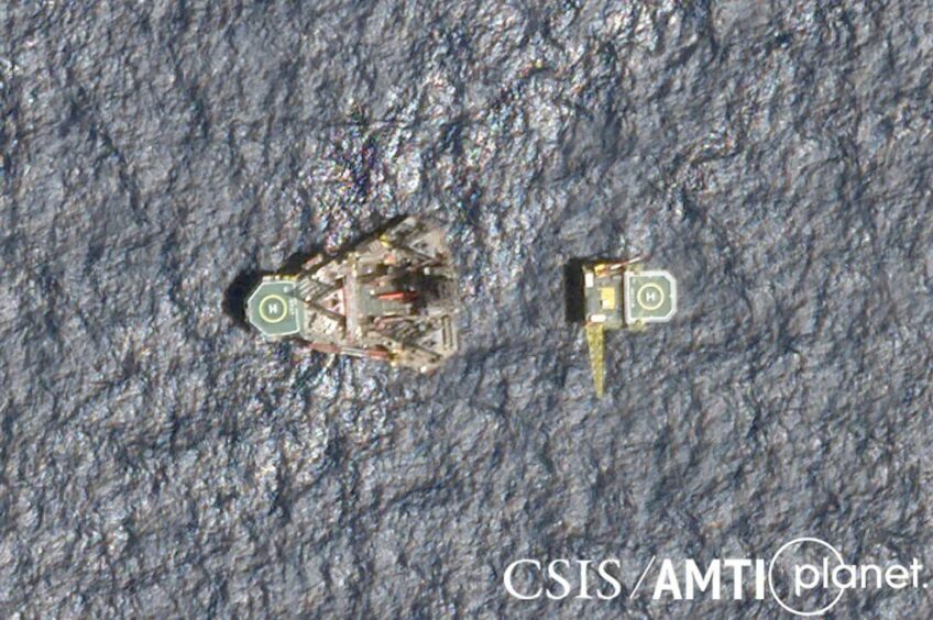 Mobile jack-up rig Kan Tan 7 (left) linking up to the new permanent platform (right). Source: CSIS/AMTI