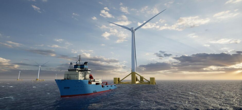 Rendering of a Maersk Supply vessel and Tetra floating wind foundation.