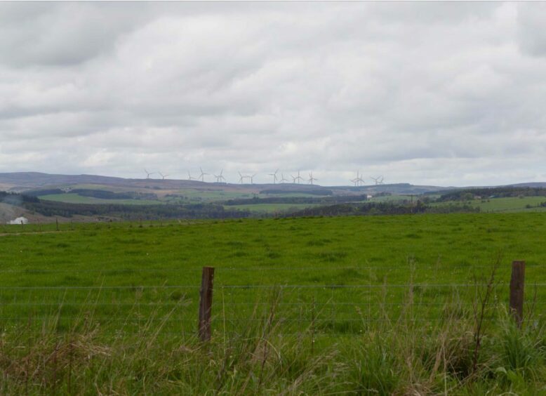 Photomontage of the proposed Clash Gour wind farm, viewed from A95 north of Brodie Croft.