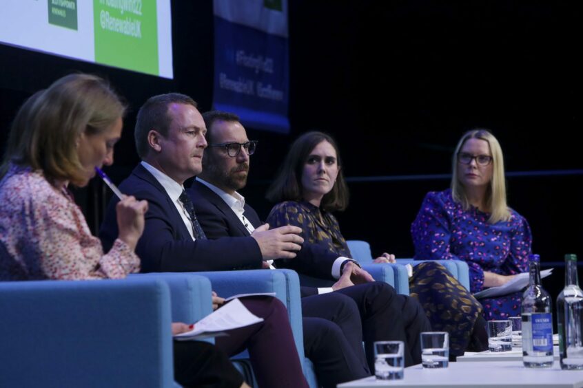 Claire Mack (right) chairs a panel session at the Floating Offshore Wind conference.