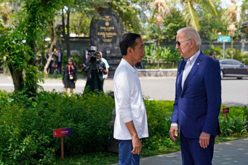 Joe Biden with Joko Widodo at a tree planting event at the Taman Hutan Raya Ngurah Rai Mangrove Forest, on Nov. 16. Photographer: Alex Brandon/AFP/Getty Images