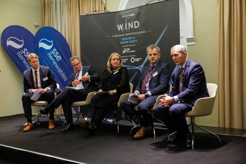 L to R Hamish Penman, Digital Journalist and Event Moderator, Energy Voice, Gregor Alexander, Group Finance Director, SSE Renewables , Sarah Baillie, Partner & Co-Head of Power sub-sector, Addleshaw Goddard, Dan Jackson, Founding Director, Cerulean Winds and Michael Matheson MSP, Cabinet Secretary for Net Zero, Energy & Transport, Scottish Government.