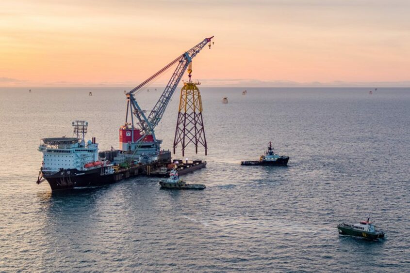 Turbine jacket installation at the Beatrice Offshore Windfarm.