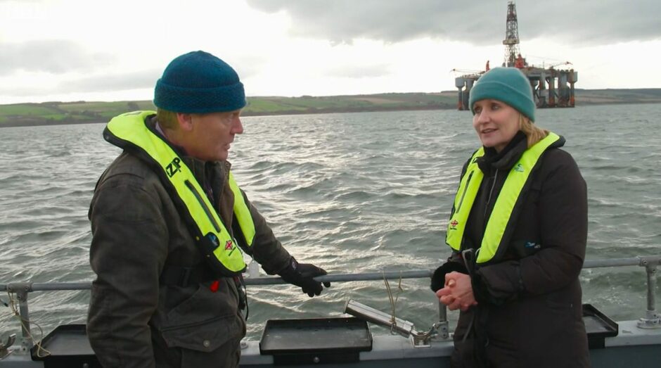 Countryfile's Tom Heap (left) speaks to OEUK CEO Deirdre Michie in the Moray Firth.