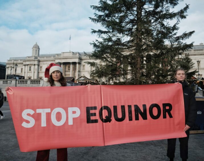 Trafalgar Square Christmas Tree target of Equinor Rosebank protest by Angela Christofilou.
