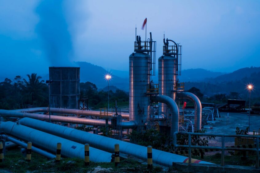 Lampung, Indonesia. Steam separators at a Geothermal Energy Plant in Sumatera, Indonesia.