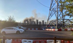 Smoke from a large fire at the National Grid Plc's IFA interconnector site in Sellindge, U.K., on Wednesday, Sept. 15, 2021. The fire at the key electricity converter station in the U.K., has shut down a major cable that brings power from France to Britain.