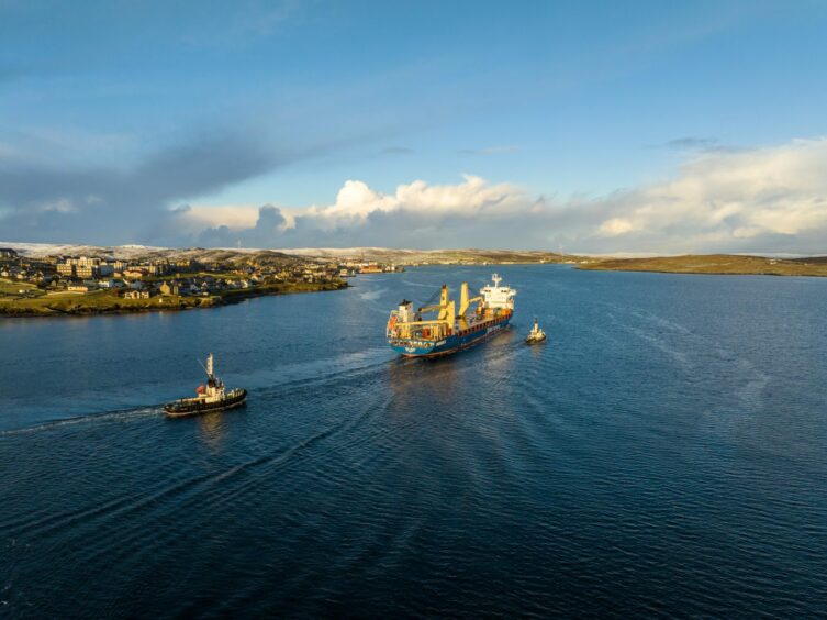 BBC Ruby vessel arriving in Lerwick, Shetland to deliver turbine components for the Viking Wind Farm.
