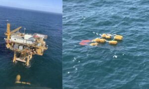 Helicopter debris in the water next to the West Delta 106 platform. Supplied by US Coast Guard.
