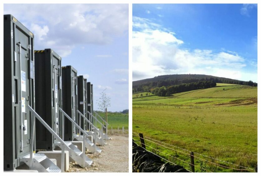 (L) File photo of Anesco battery storage site. (R) Swordale Hill near Evanton, Ross-shire.